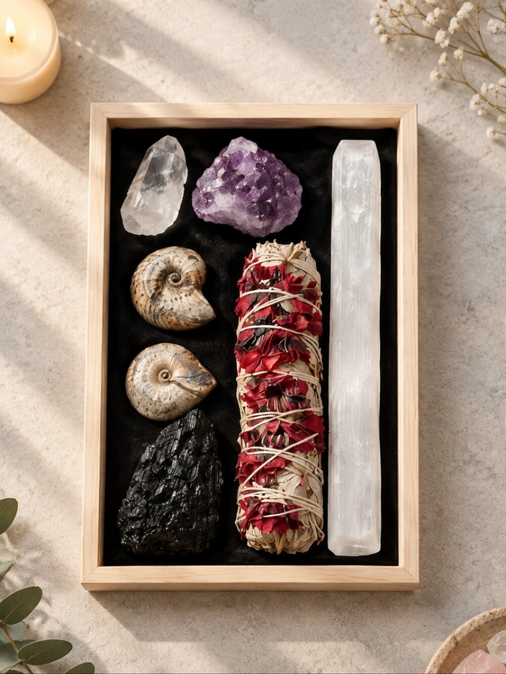 Aviva Stanoff Carved Gift Box of Sage and Crystals New